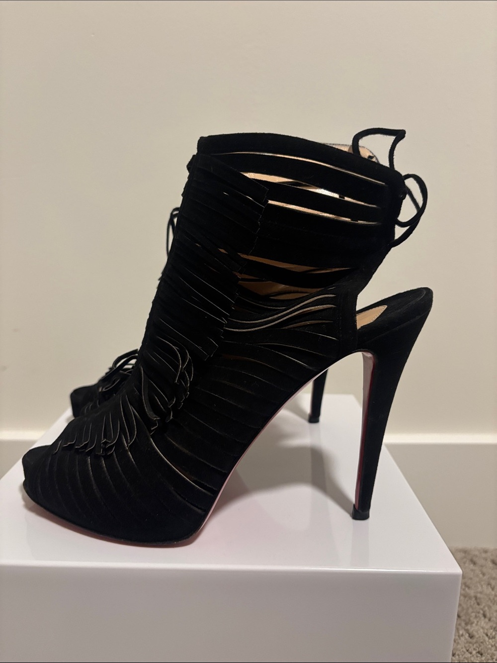 Christian Louboutin Black Suede Fringe Peep-Toe Stilettos - Picture 2 of 8